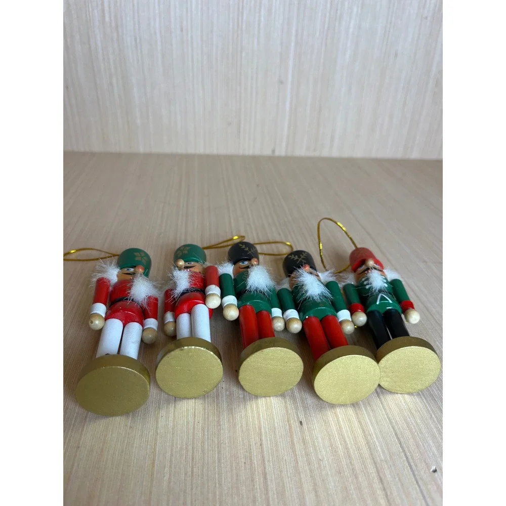Vintage Wooden Nutcracker Soldier Christmas Ornament Set Red Green 5pc